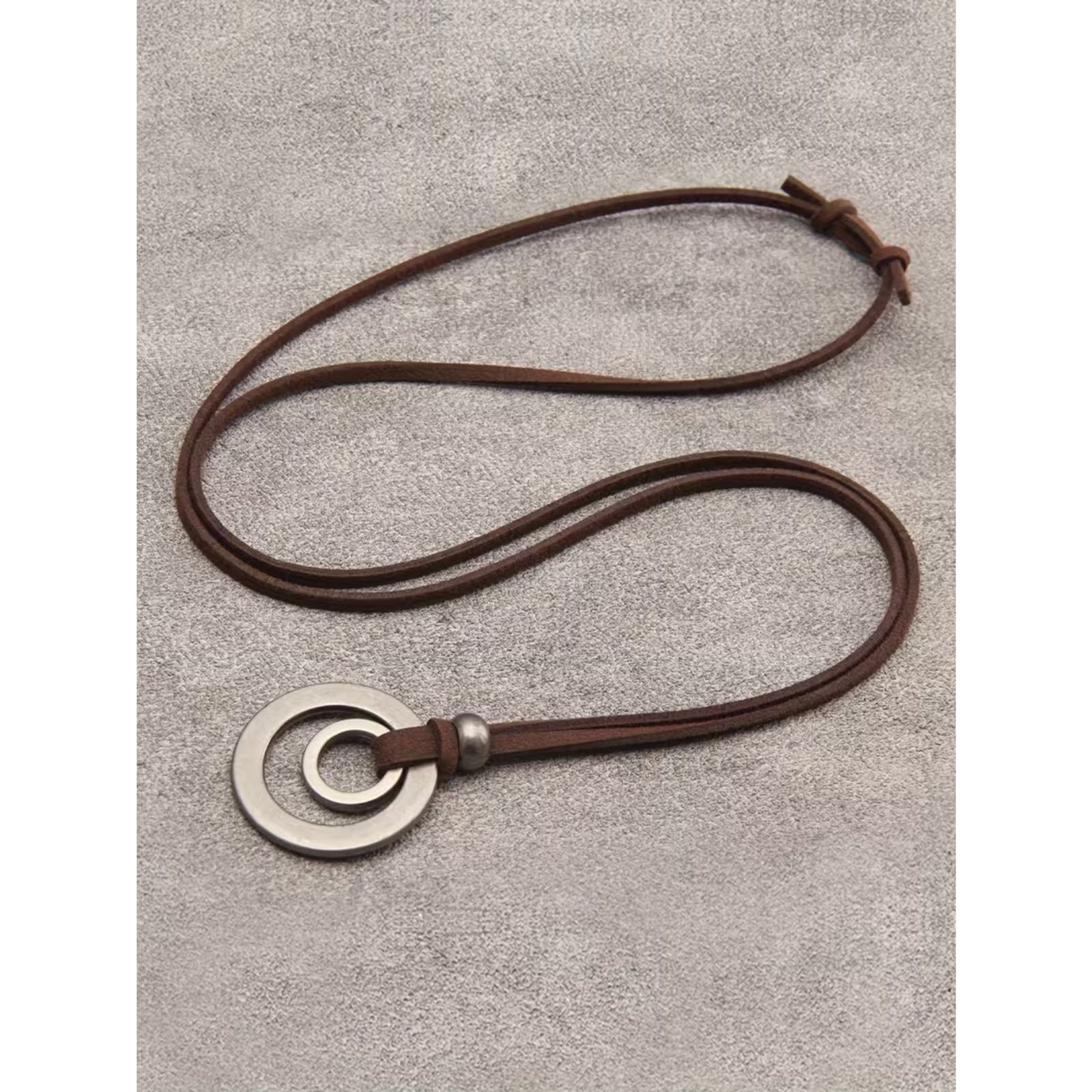 Chunky Double Ring Alloy Pendant Necklace Circle Charm Adjustble Cord Boho Retro