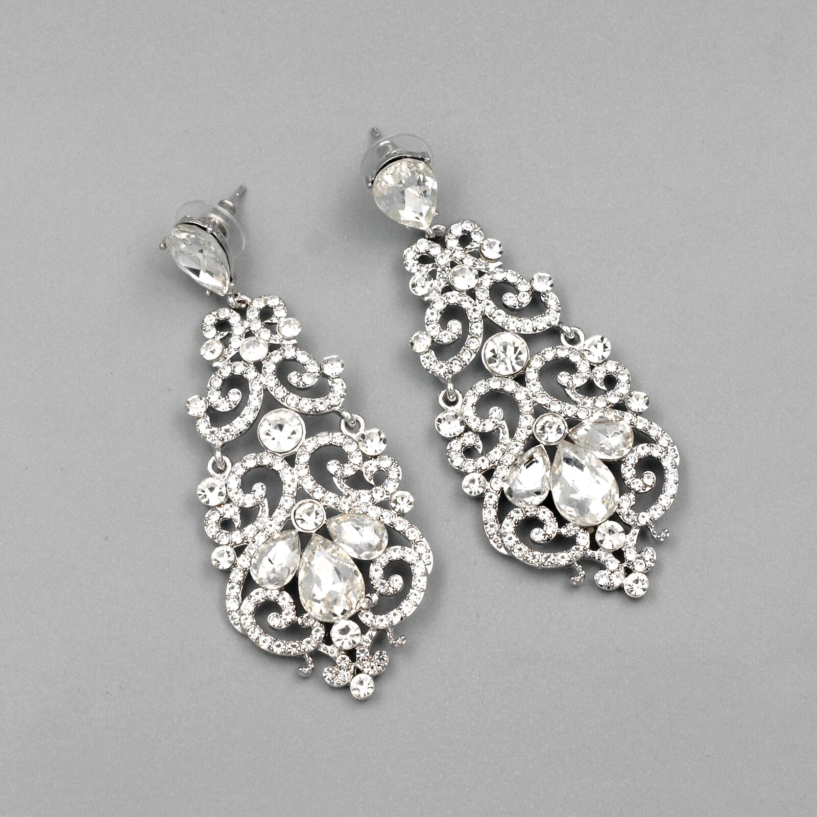Dangle Earrings Clear Crystal Rhinestone Silver Plated Women Victorian Wedding 6