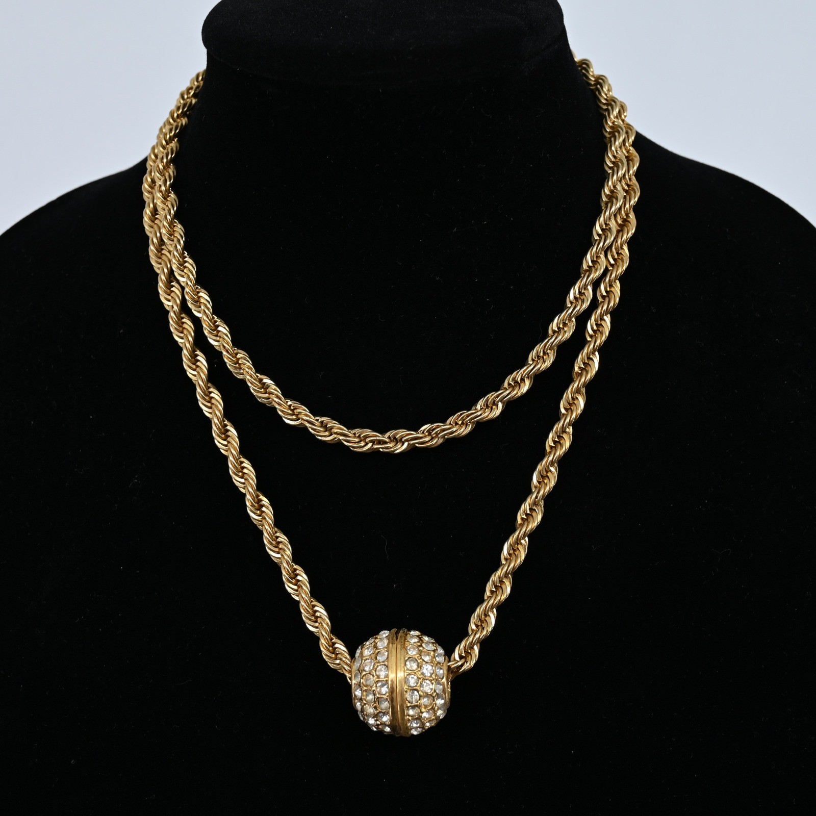 Vintage 18KGP Gold Plated Rope Chain Necklace Crystal Pave Ball Slider Pendant