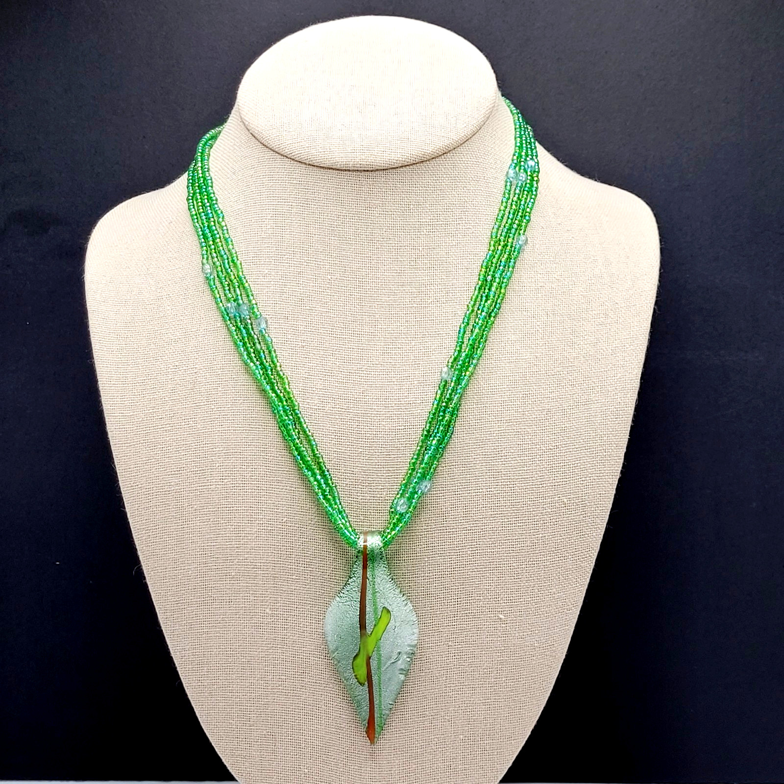 Green Art Glass Pendant Iridescent Seed Bead Multi Strand Necklace Vtg Y2K Era