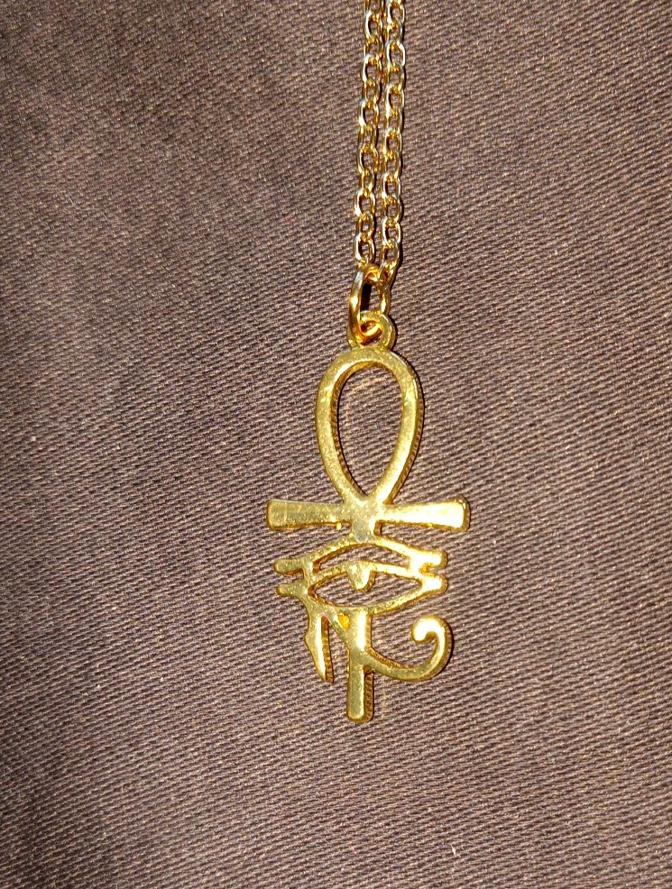 Golden ANKH Eye of Horus Pendant on Silver Plated Chain Necklace Egypt, Art Deco