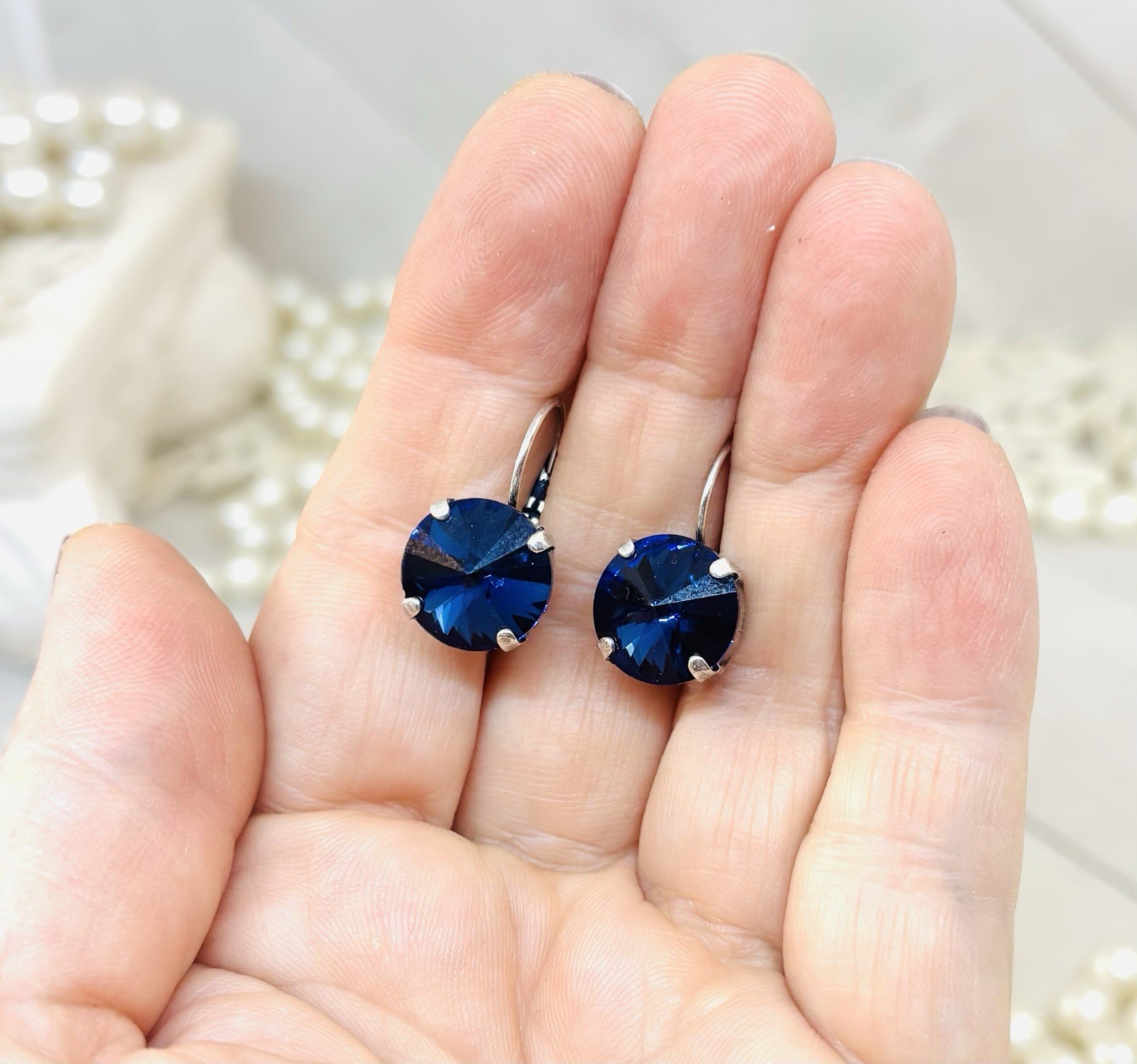 12mm Antique Silver Plated Navy Blue Cup Chain Drop Earrings