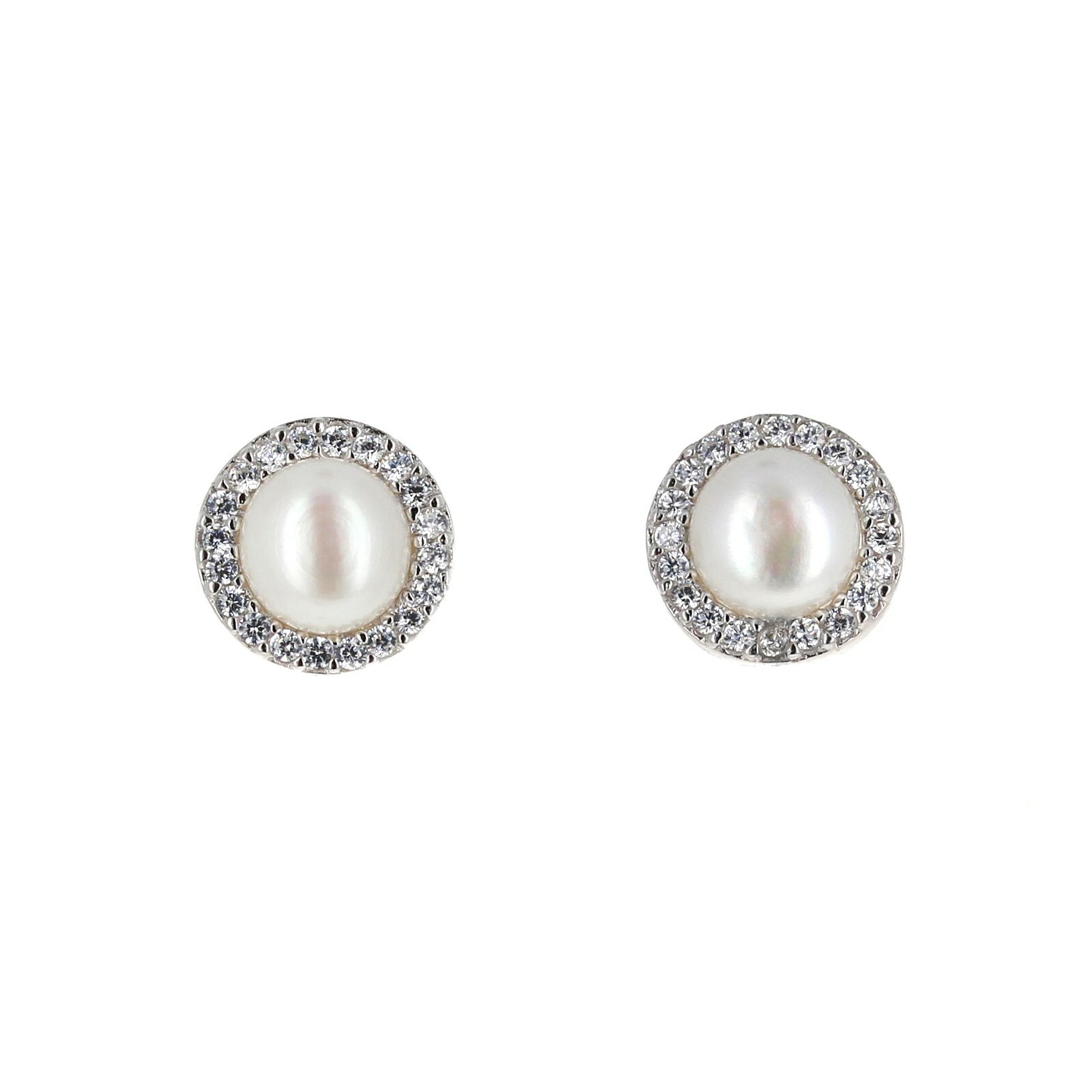 Sterling Silver, Pearl Studs, Cultured Pearl Studs with Cubic Zirconia, 9mm,925