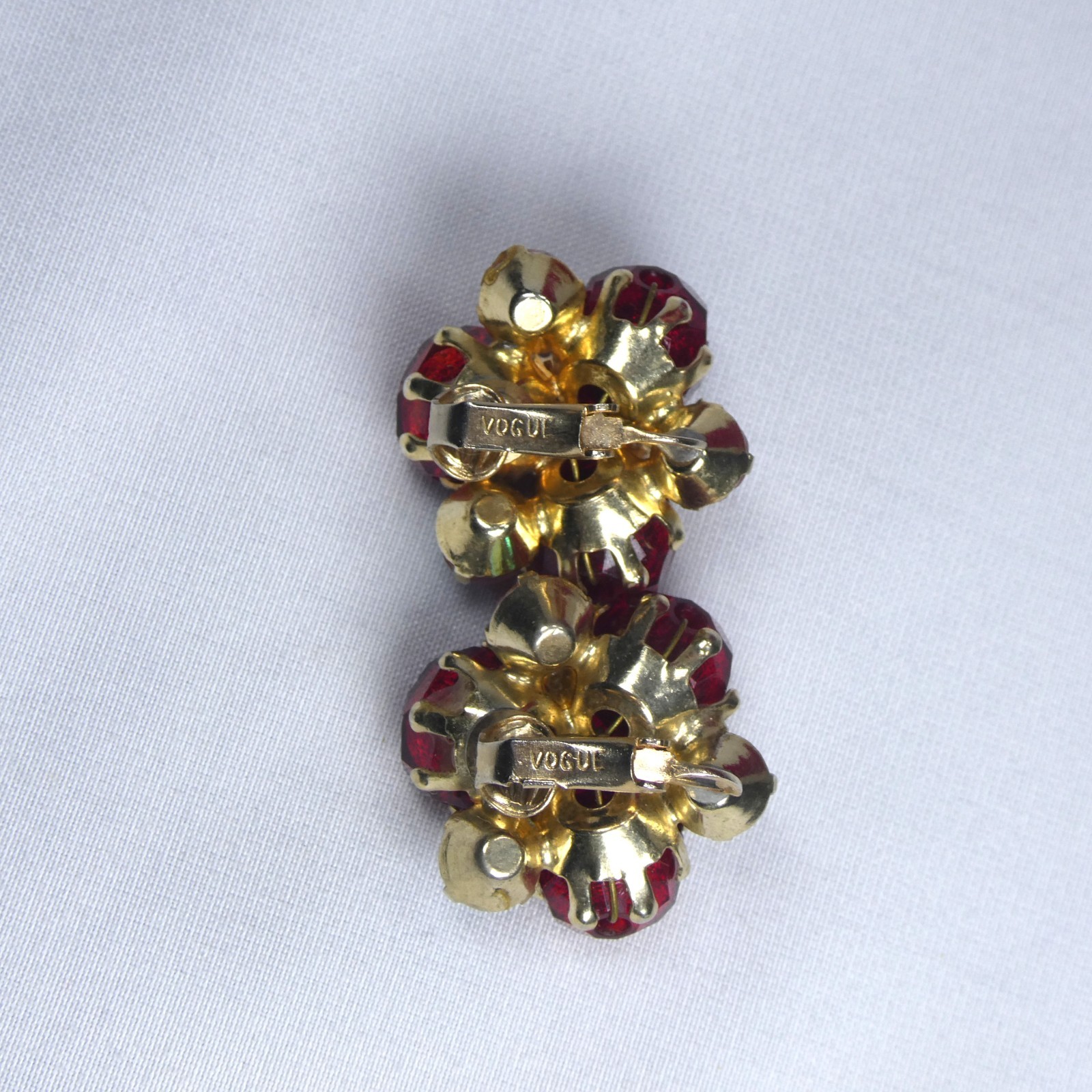 Vintage Vogue Red Aurora Borealis Crystal Cluster Clip On Earrings Mid Century