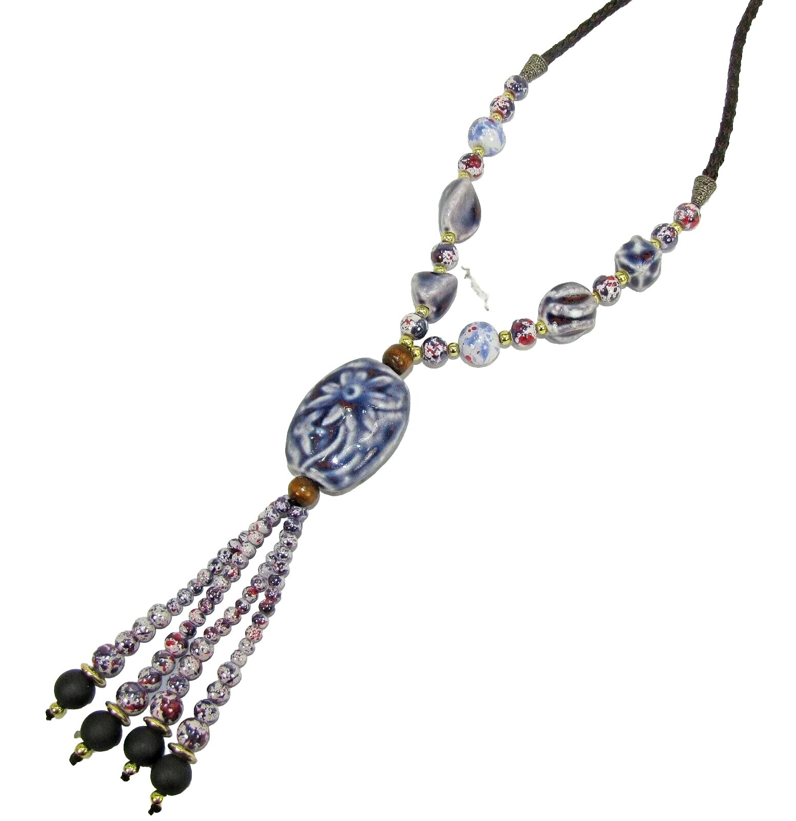 Purple ceramic beaded tassel necklace with wood beads attached to a leather cord