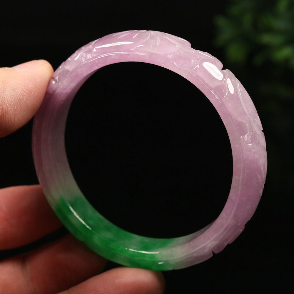 55mm Lavender Purple Green Jadeite Jade Bracelet Bangle Ruyi Flower A-11675