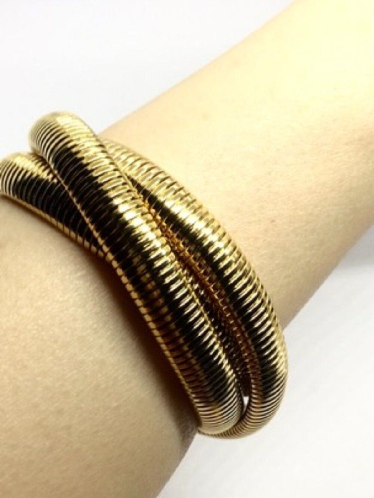 GOLD TONE BRACELET Tubogas Omega Coiled Wrap Ribbed Flexible Statement