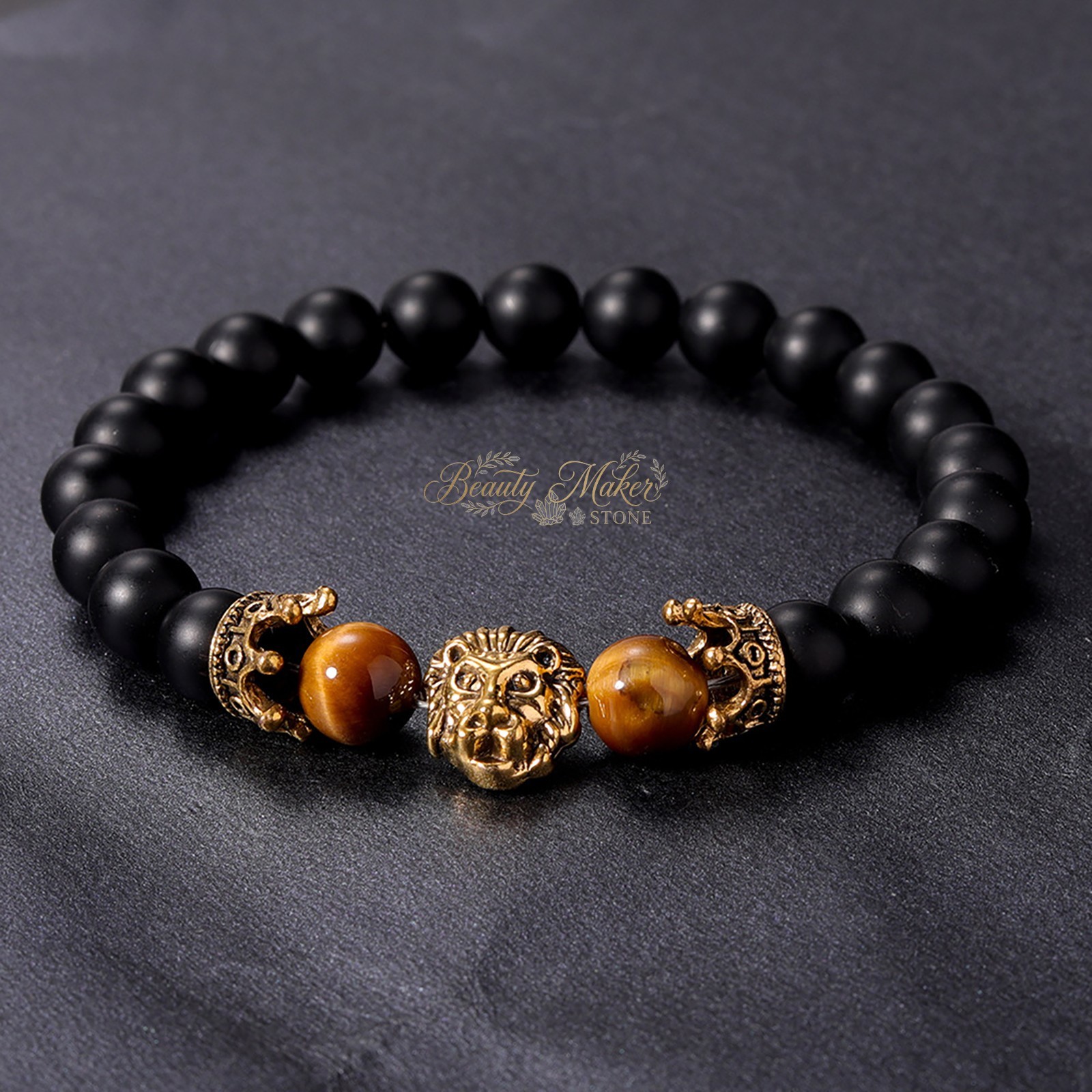 Lion Charm Bracelet Tiger Eye Bead Wristband Wisdom Strength Jewelry Gift Him