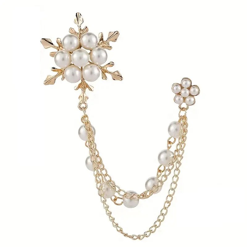 Elegant Imitation Pearl Snowflake Tassel Brooch Pin, Aluminum