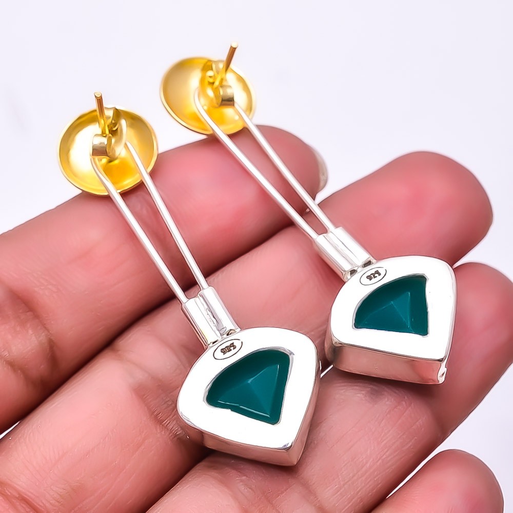 Emerald Simulated 925 Sterling Silver Two Tone Earring 1.95″ E72, Christmas Gift