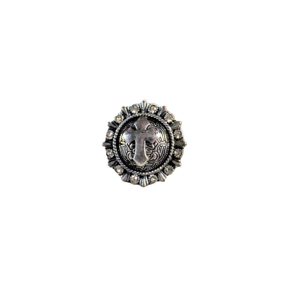 Western Womens Ring 1.25 in Cross Stretch Round Crystal Silver Cowgirl Rodeo