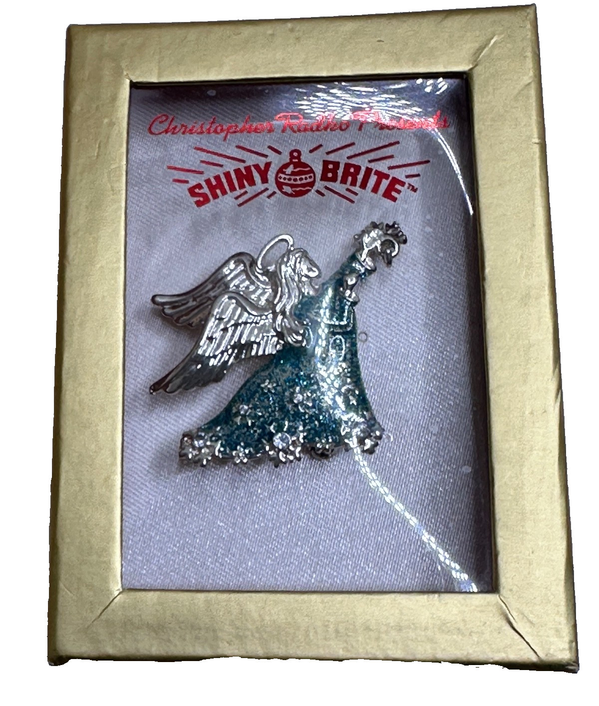 Christopher Radko Brooch Pin Blue Silver Glitter Boxed Shiny Brite New in Box