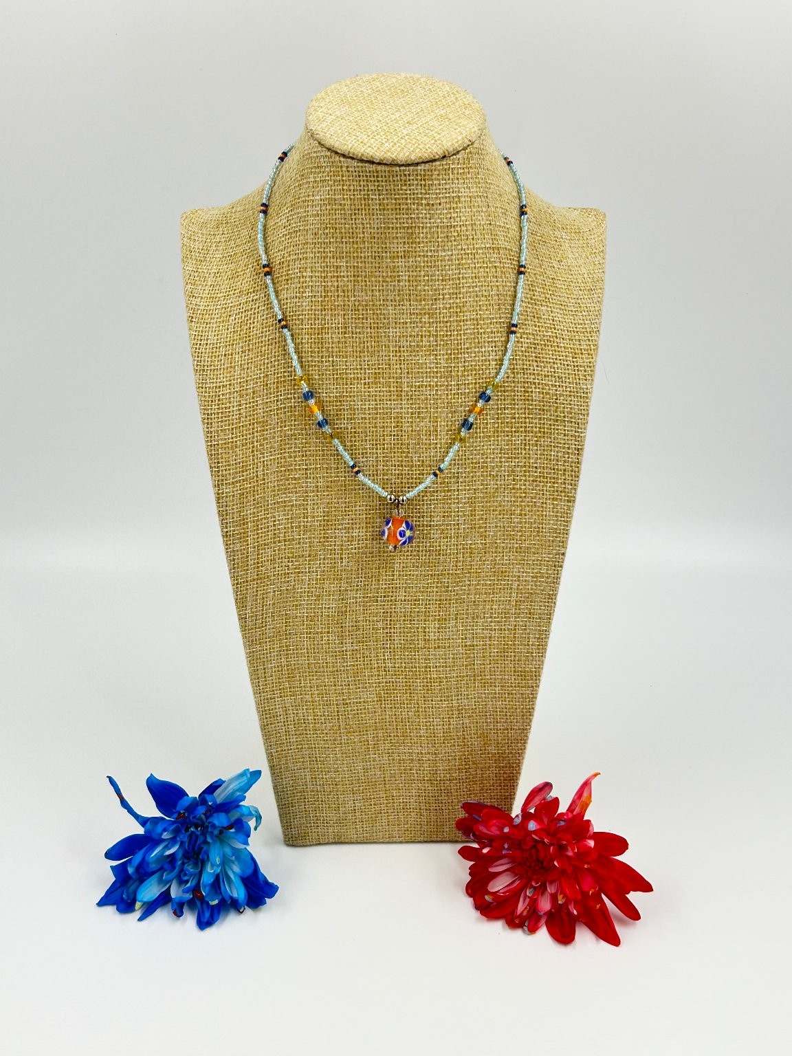Handmade Beaded Necklace 16 Inch Floral Glass Pendant Blue Orange