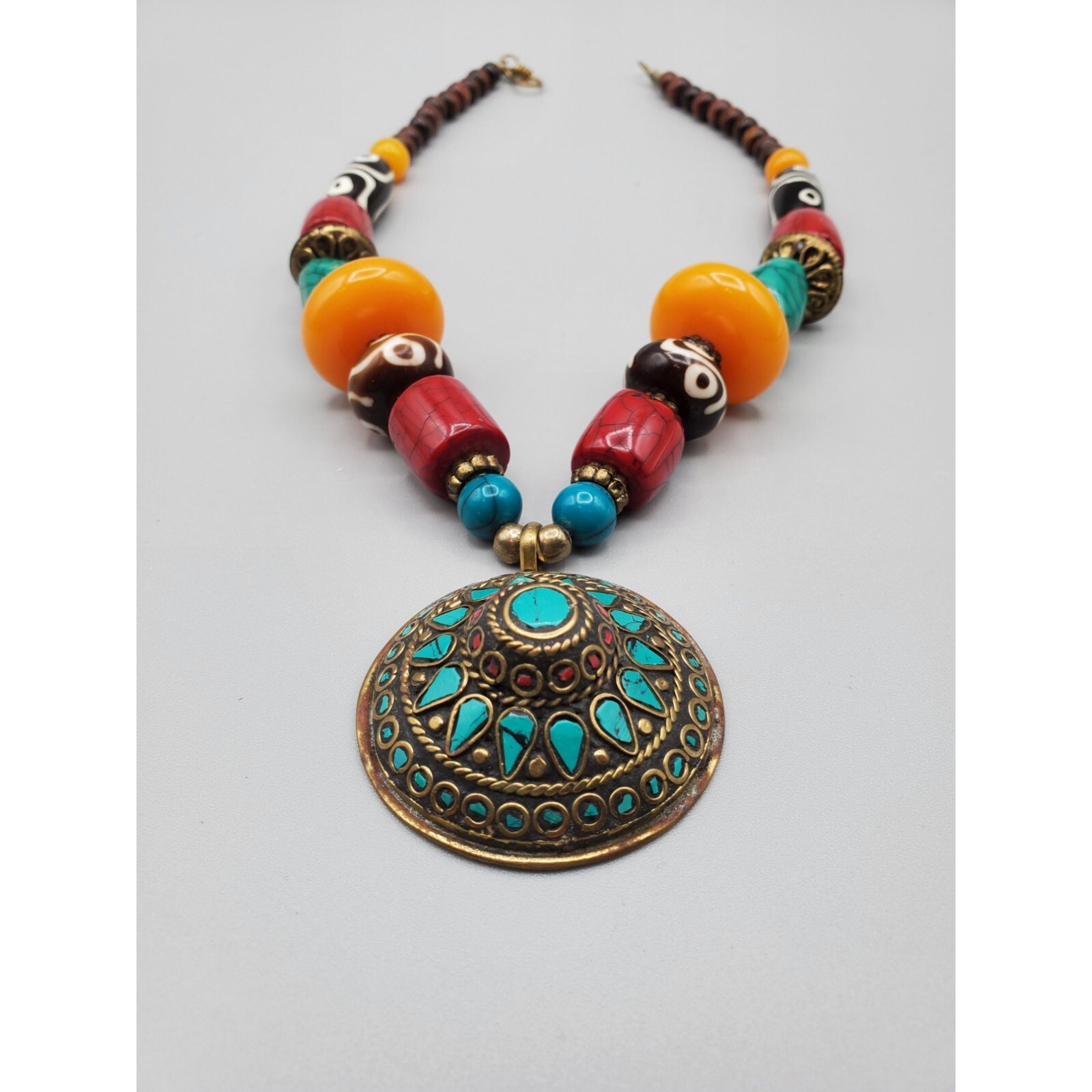 Multi color shape beaded Blue enamel dome statement pendant necklace 20″