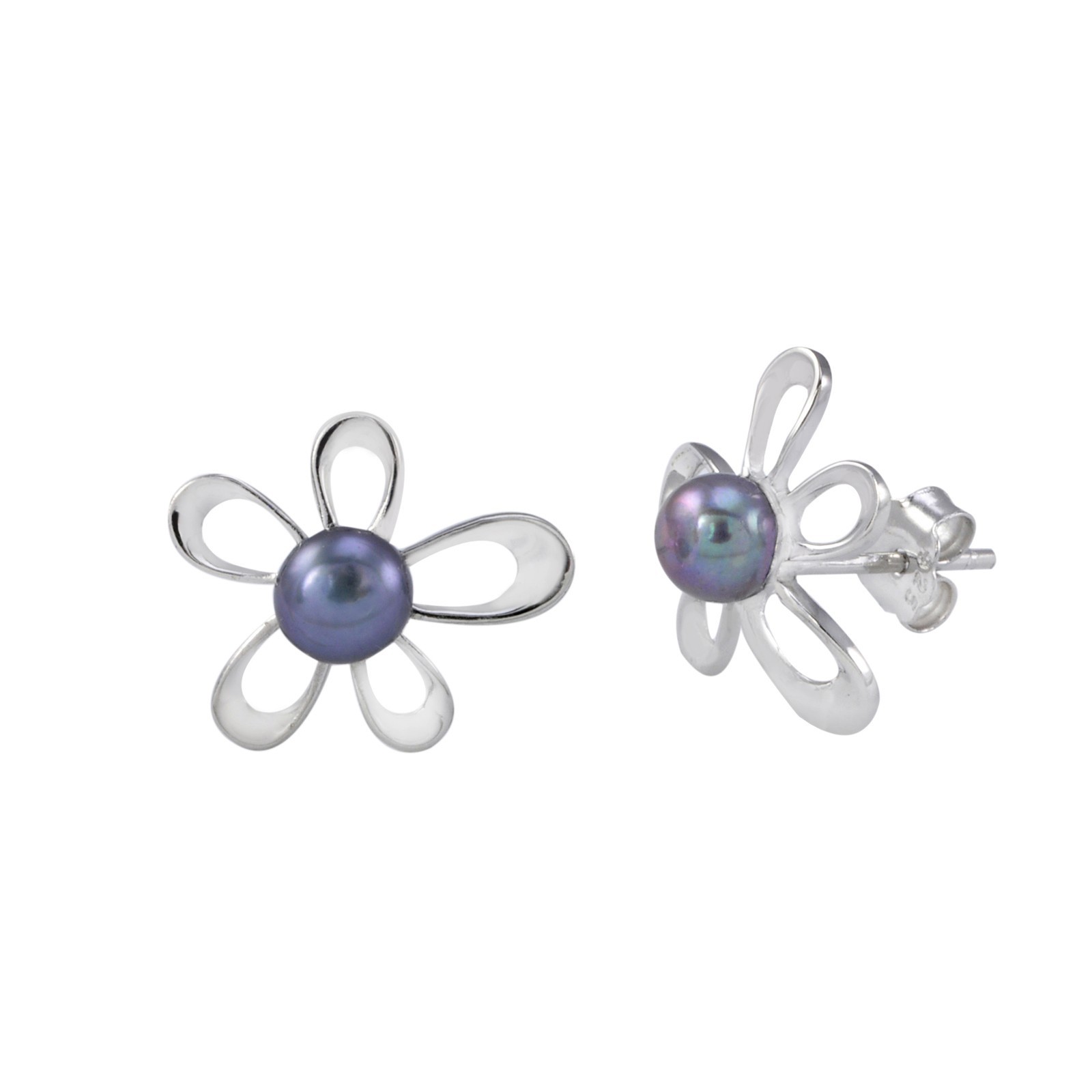 Flower Earrings Black Pearl Studs .925 Sterling Silver
