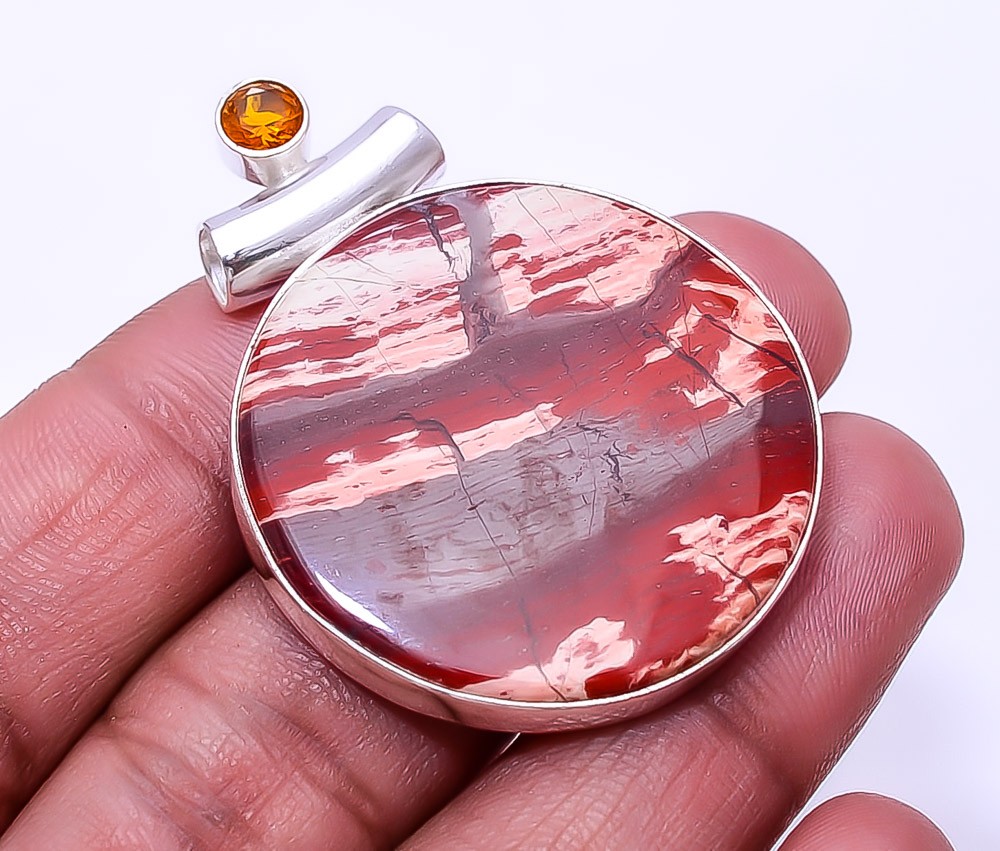 Natural Snake Skin Jasper, Hessonite Garnet Gemstone 925 Silver Pendant 1.76″ P3