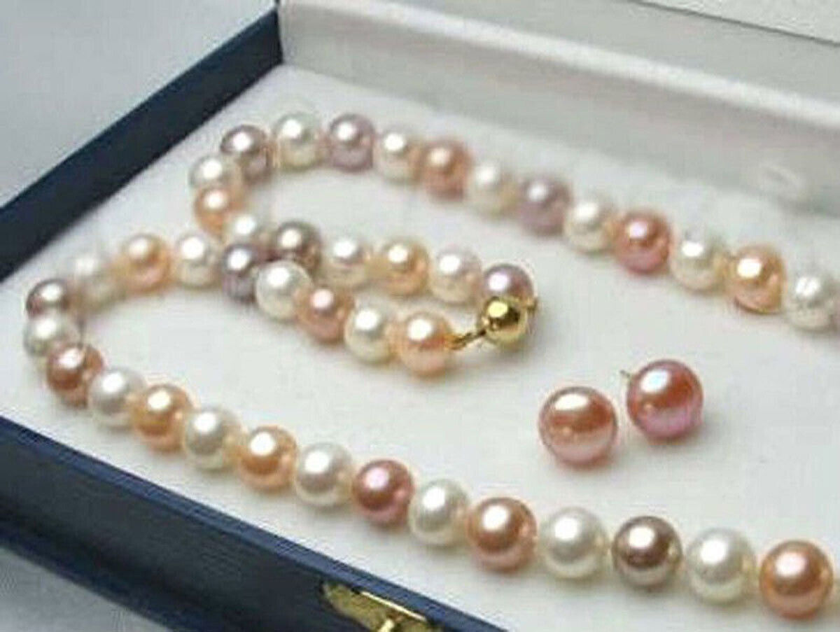 Natural White Pink Purple Cultured Pearl Necklace Earrings Set 14-48”