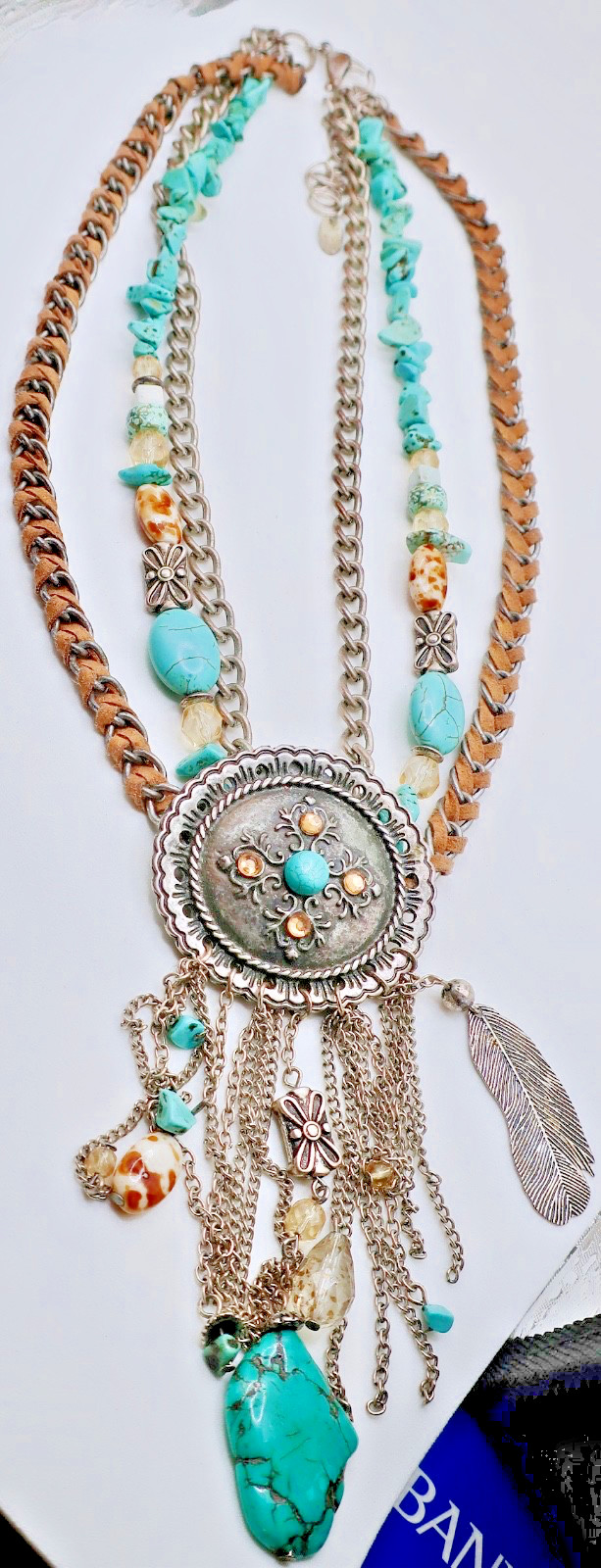 Laura Ashley Southwestern Turquoise Stone Dangle 19 – 22″ Necklace Woven Rawhide