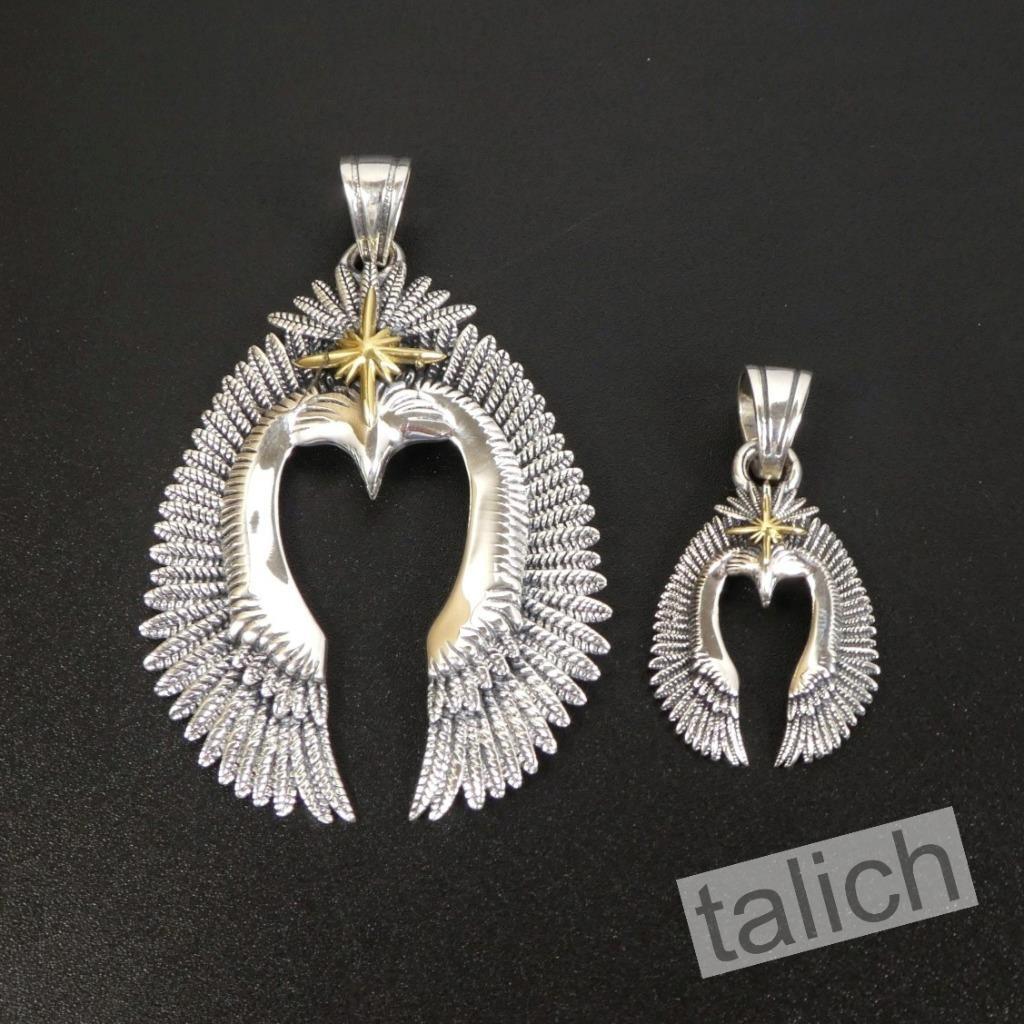 925 Sterling Silver Detailed Open Wing Eagle Pendant with Brass Star Two Sizes