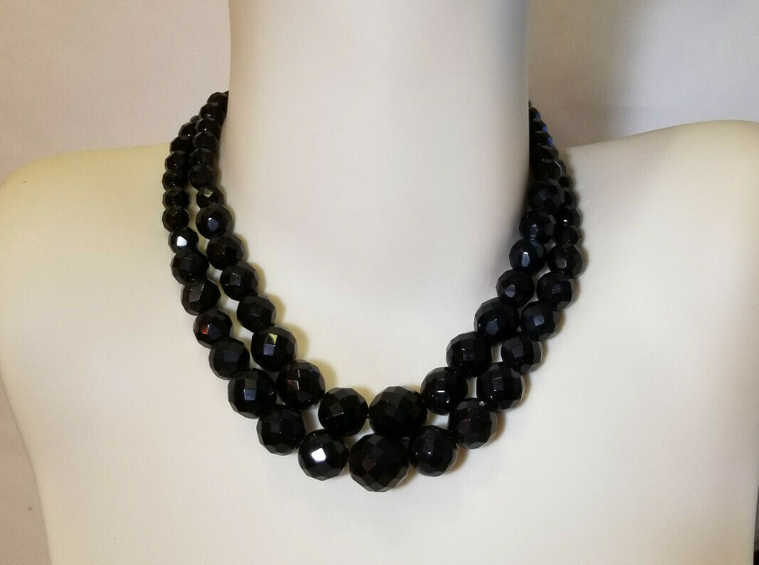 Vintage OPALESCENCE HONEY BROWN Or GLOSSY BLACK GLASS BEAD NECKLACE