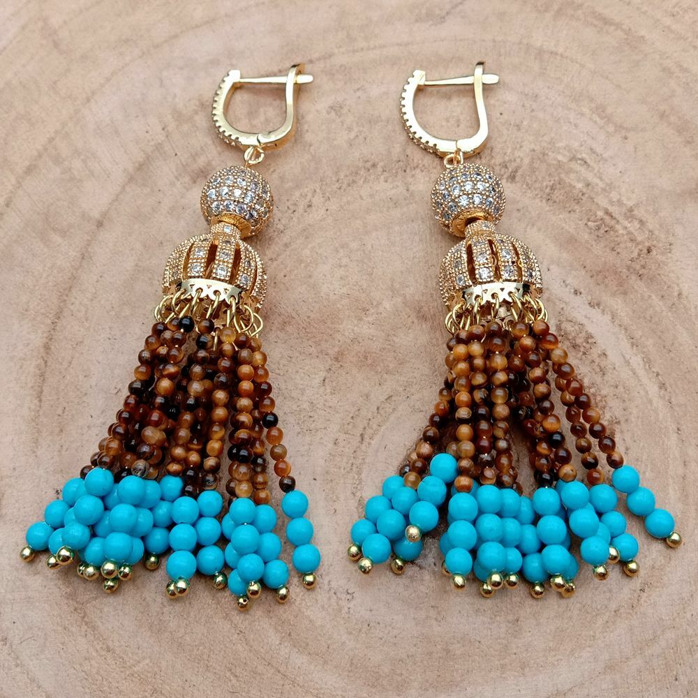 yellow Tiger Eye Blue Turquoise Cz pave Cap Leverback Earrings