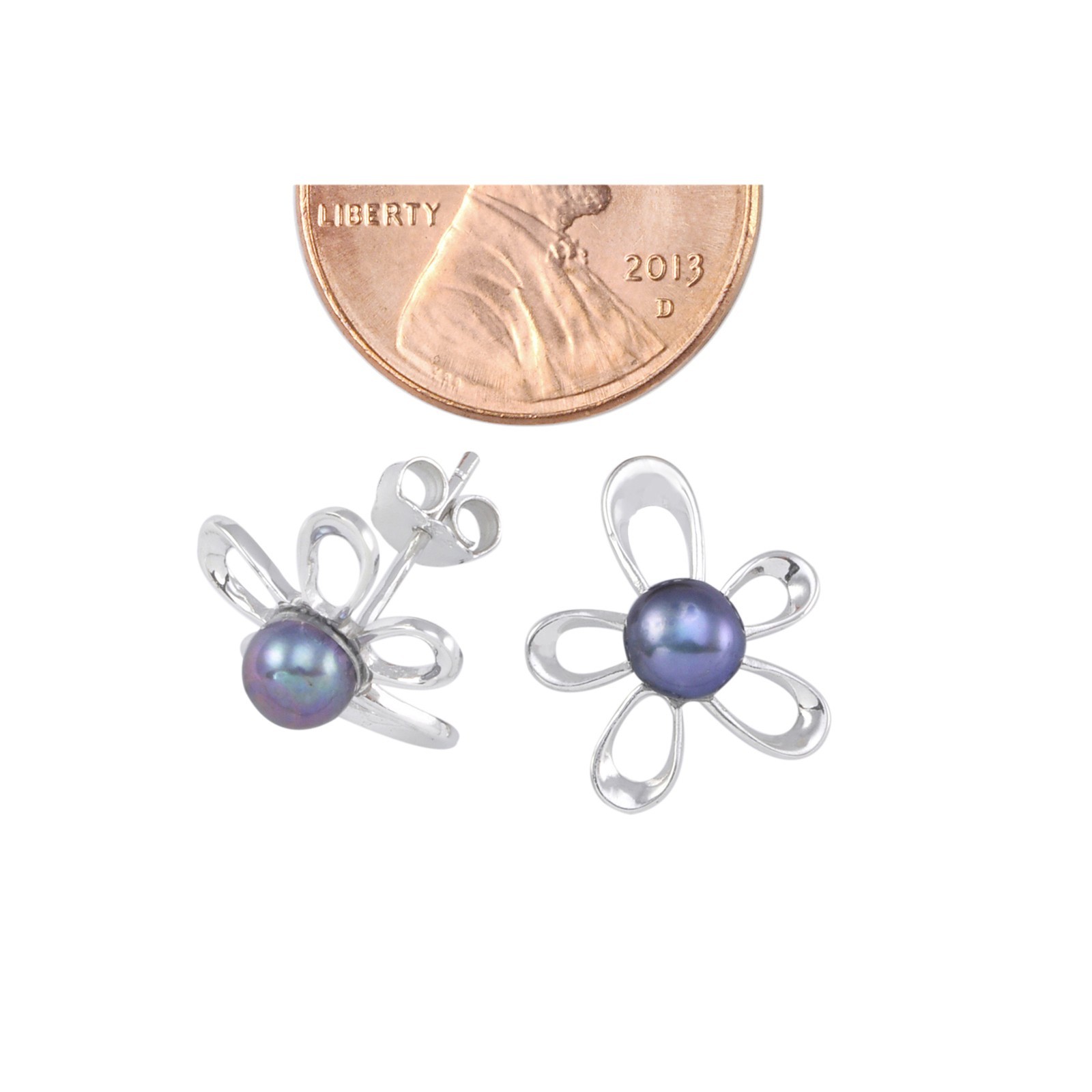 Flower Earrings Black Pearl Studs .925 Sterling Silver