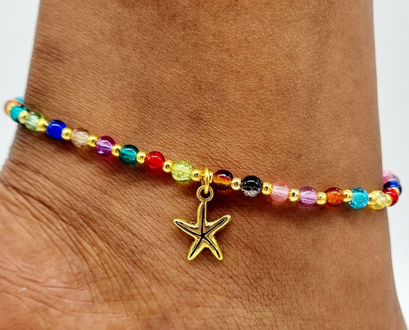 Elastic Glass Bead ankle bracelet foot anklet with star fish charm 25cm
