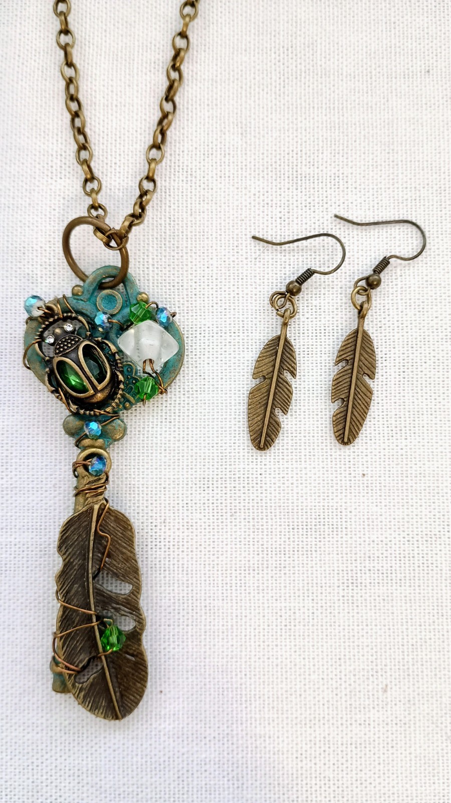 Key Wire Wrapped Pendant Handmade Long Chain Necklace Glass Beaded & Earrings
