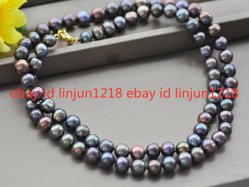 Beautiful 8mm-9mm Round Peacock-Black Freshwater Pearl Necklace 18-50inches