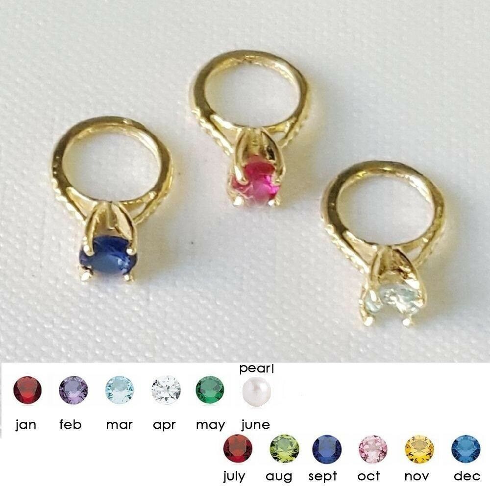 14K Yellow Gold Small Ring Birthstone Pendant Charm w/ Colored CZ Stone or Pearl