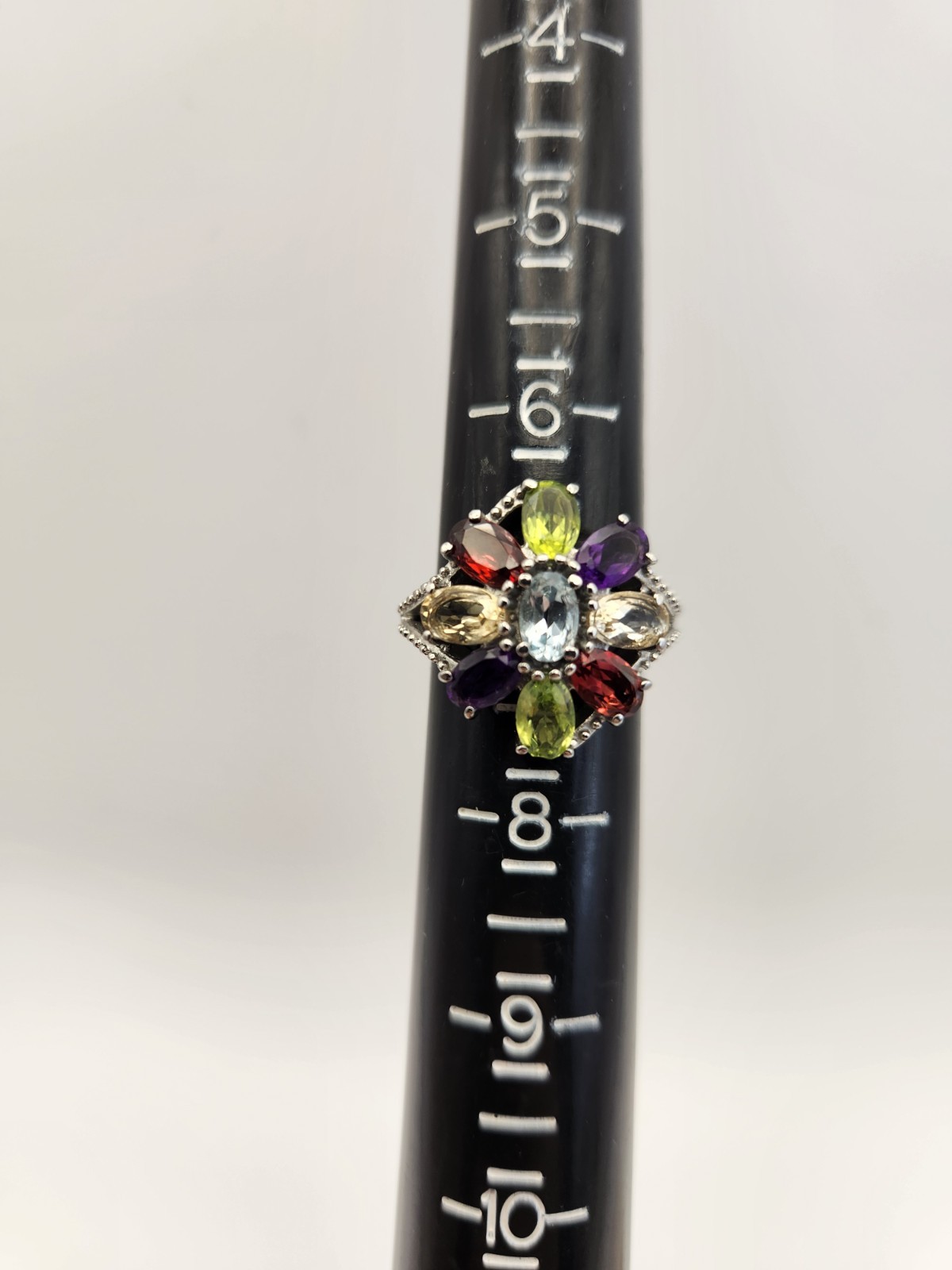 Multi Gemstone Flower Ring Size 7 Stainless Steel Amethyst Garnet Peridot Topaz