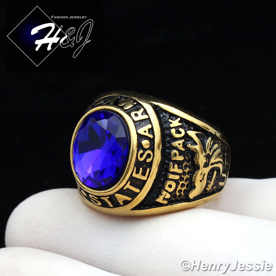 Stainless Steel US Army Military Gold/Black Plated Blue Rhinestone Oval Ring*100