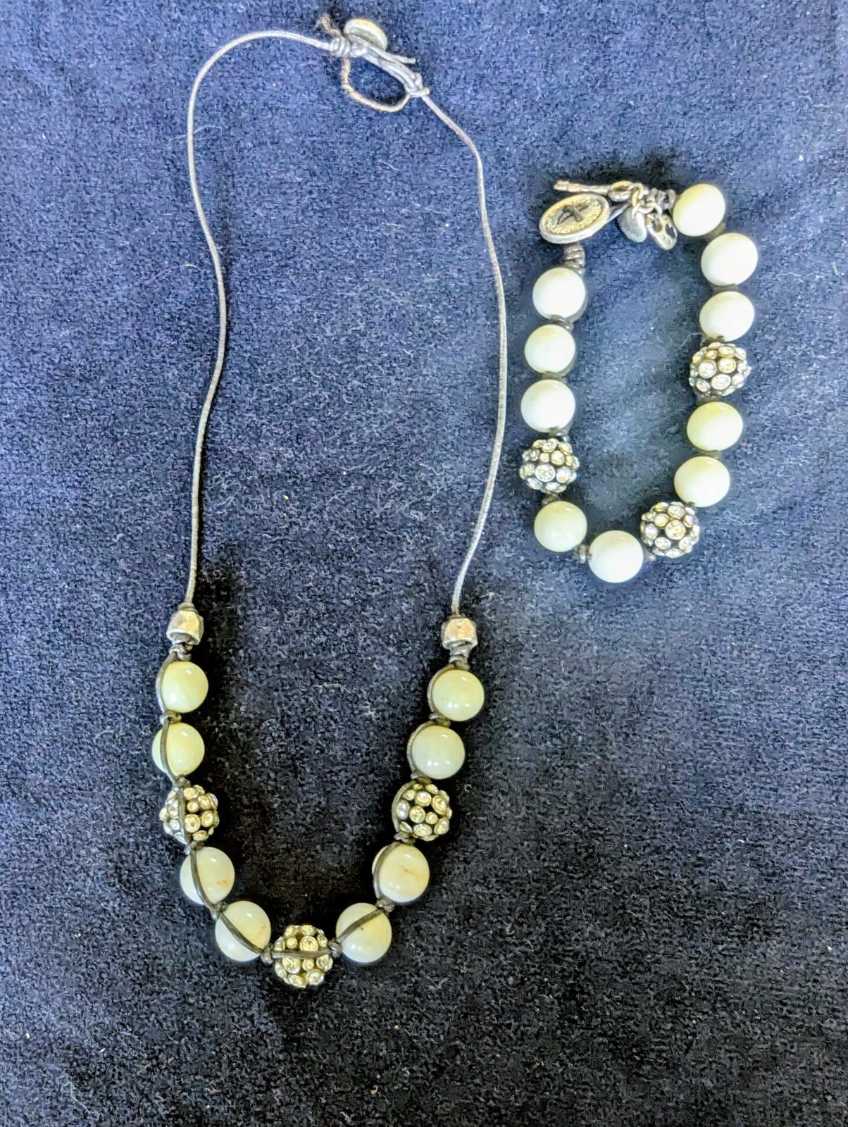 Fossil Ivory Bead Rhinestone Necklace & Bracelet Set Leather Cord Key Charm