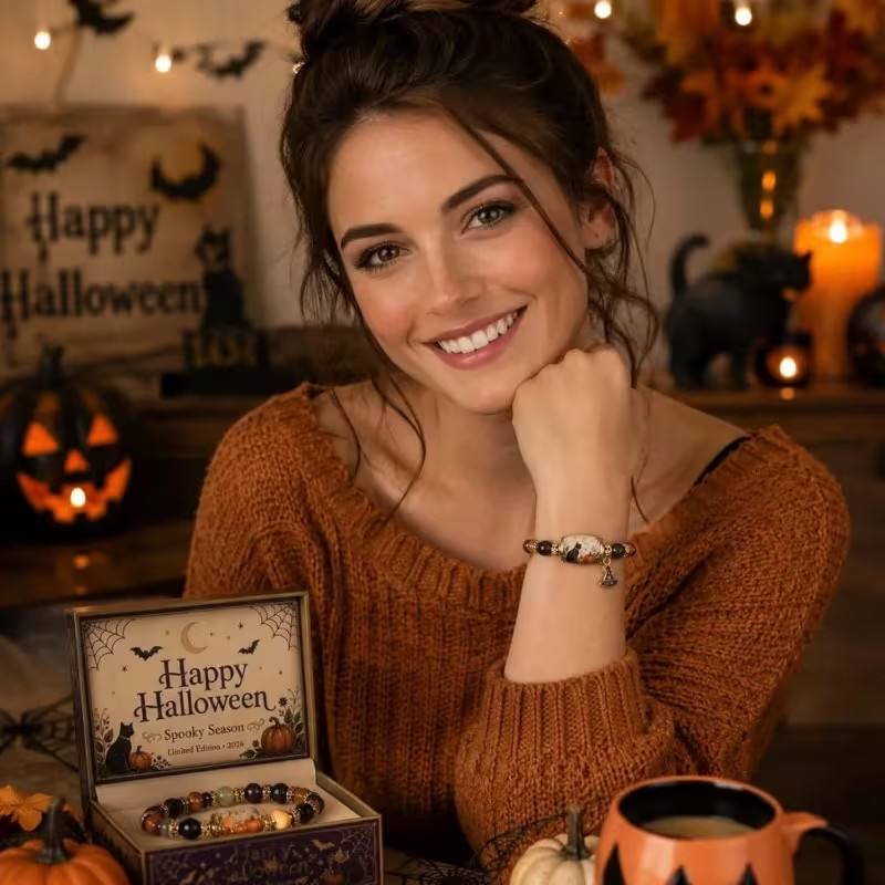 2026 Halloween Beaded Stretch Bracelet Witch Hat Cat Pumpkin Charm Gift Women