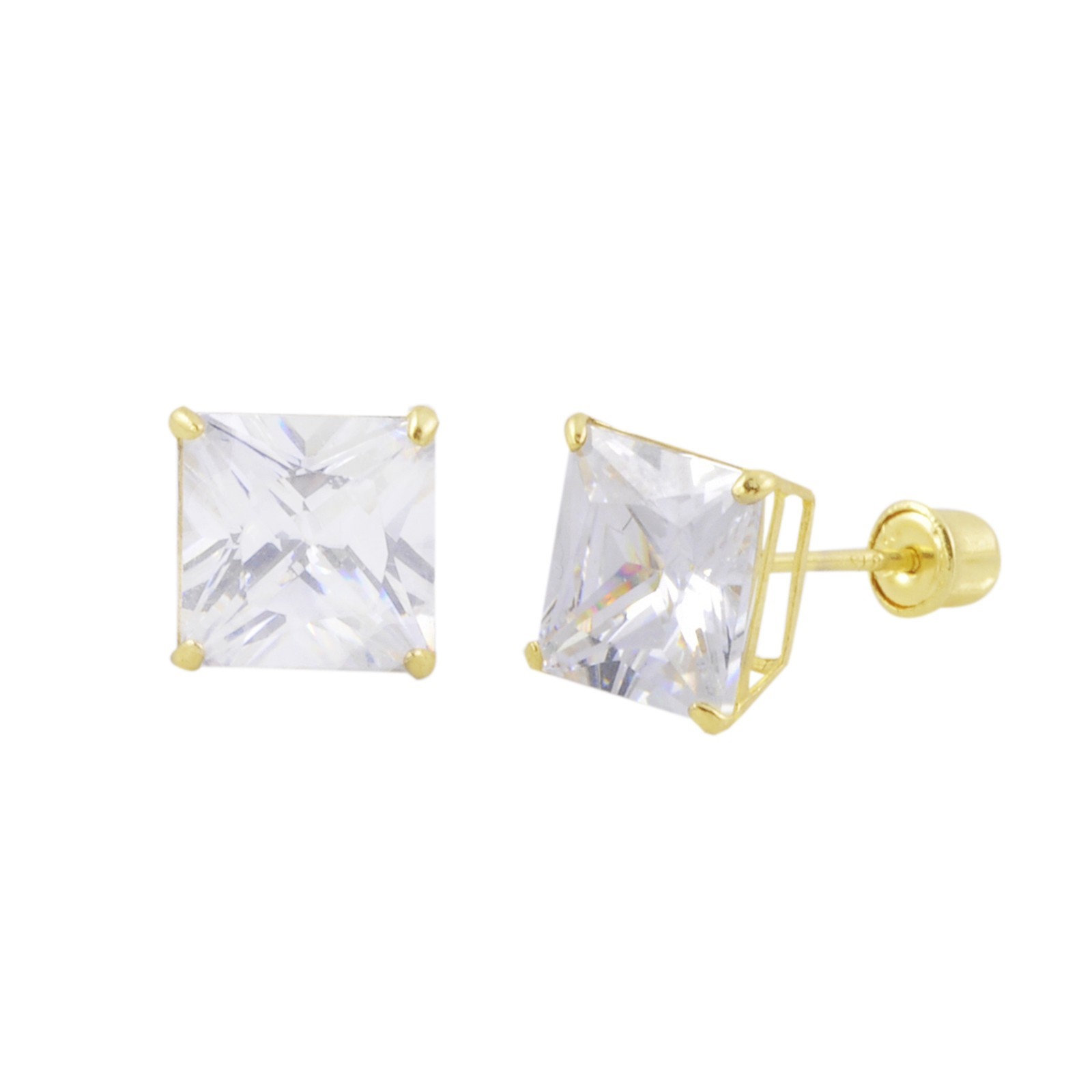 Square Princess Cut Clear CZ Stud Earrings Screwbacks 14k Yellow Gold BASKET Set