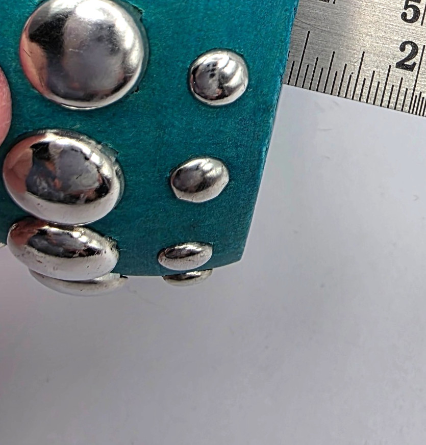 Wide Chunky Silver Tone Studded Wooden Bangle Blue Teal Bracelet Bold Statement