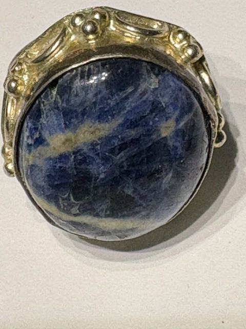 Sodalite Bezel Set Silvertone Ring Oval Blue Stone 1″ Face, Size 7–7.5