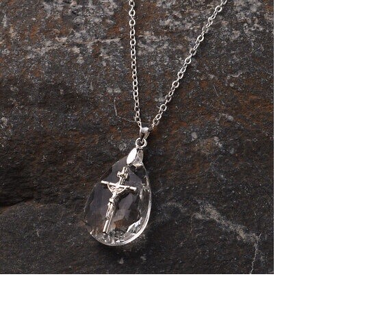 Crystal Religious Cross Catholic Jesus Pendant 20″ Sterling silver 925 necklace