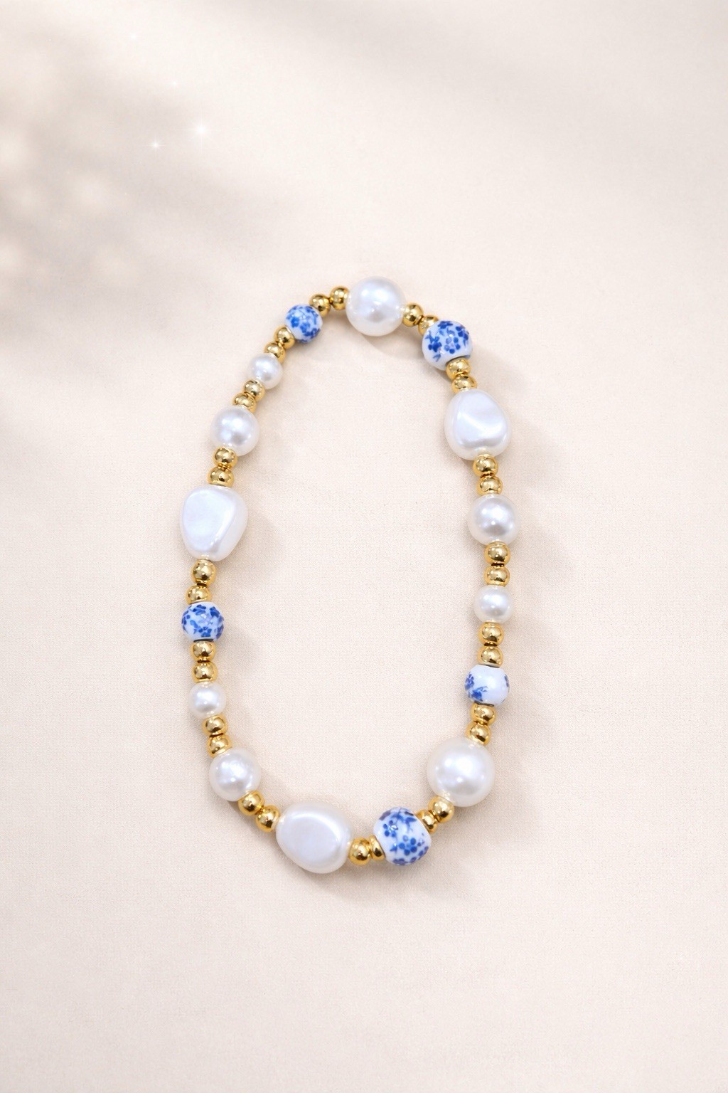 Pearl Beaded Stretch Bracelet Set: Gold White Blue Stackable Round Beads