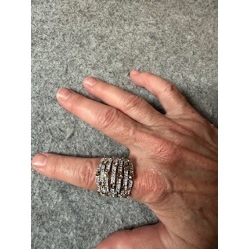 Silver Tone Multi Row Amber and Clear Crystal Statement Ring Size 9 Wide Band