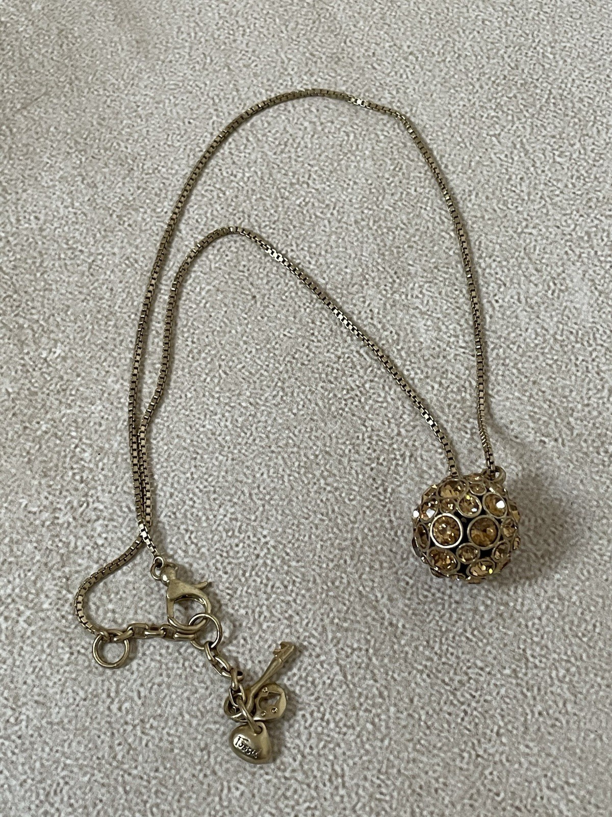 Fossil Rhinestone Ball Pendant Necklace Champagne Crystal Box Chain 19″