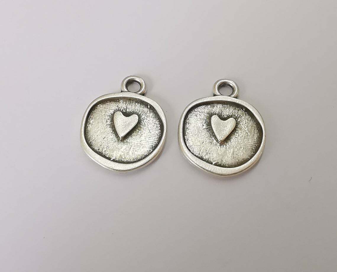 2 Pieces Heart Dangle Round Charm Antique Silver Plated jewelry Accessories