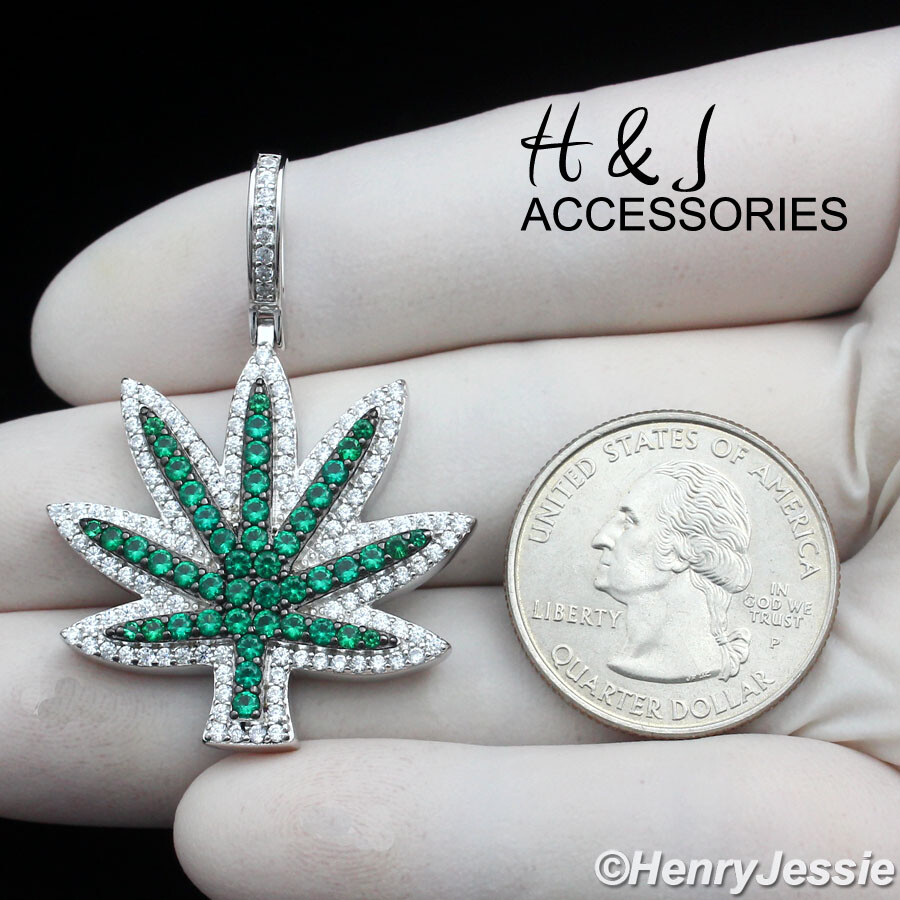 925 STERLING SILVER BLING CZ GOLD PLATED/SILVER GREEN MARIJUANA LEAF PENDANT*446