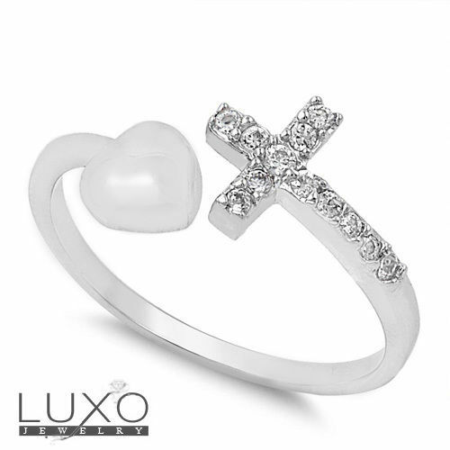 ▌925 Sterling Silver White CZ SIDEWAYS CROSS HEART Ring Size 4,5,6,7,8,9,10 »R53