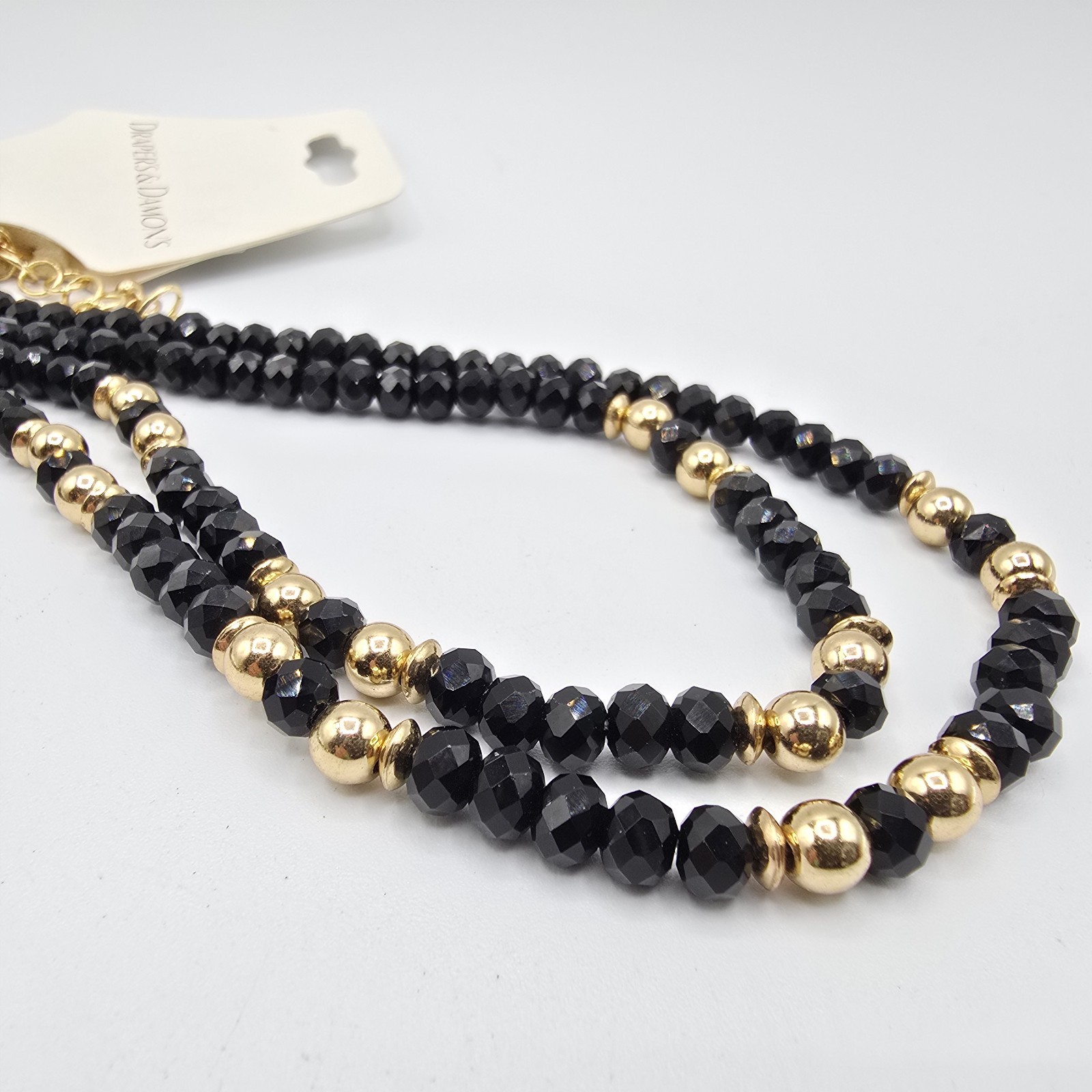 Draper’s & Damon’s Black Beaded Tassel Statement Necklace Gold Tone 34″