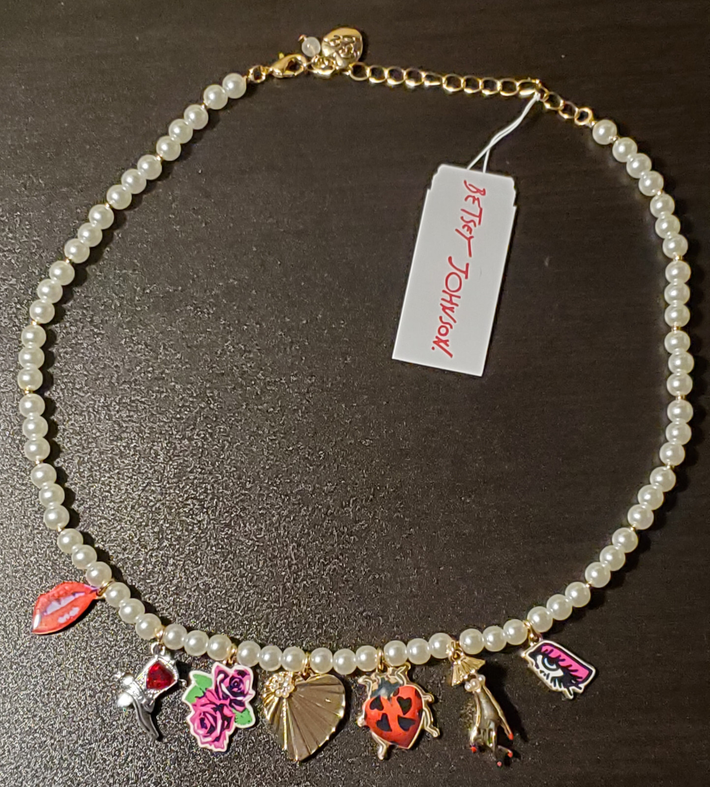 Chic Betsey Johnson Faux Pearl Necklace w/ 7 Charms – Nature and Beauty Theme
