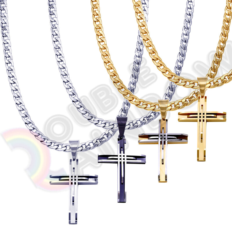Men’s Stainless steel Cross Necklace Pendant Diamond Cut Cuban Paved Chain 10P02