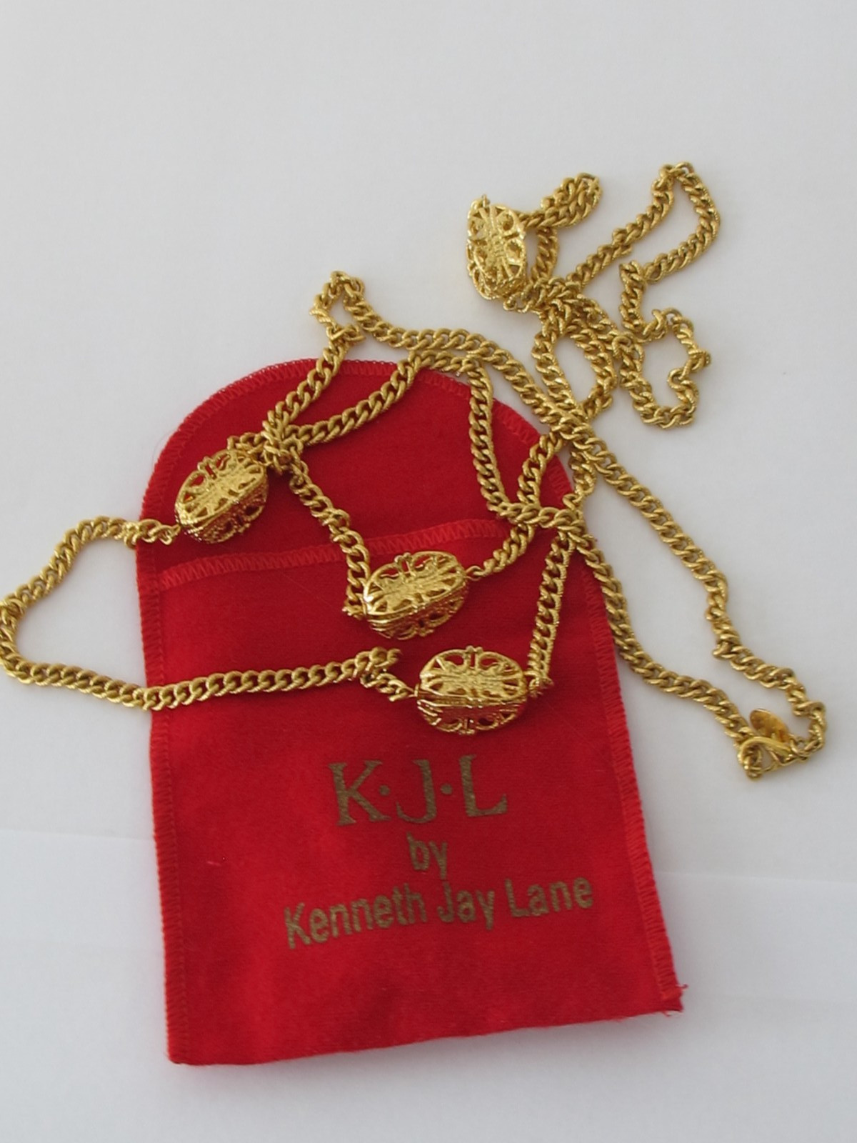 Kenneth Jay Lane KJL Necklace Gold Tone Long Chain Filigree Medallion Pendant C4