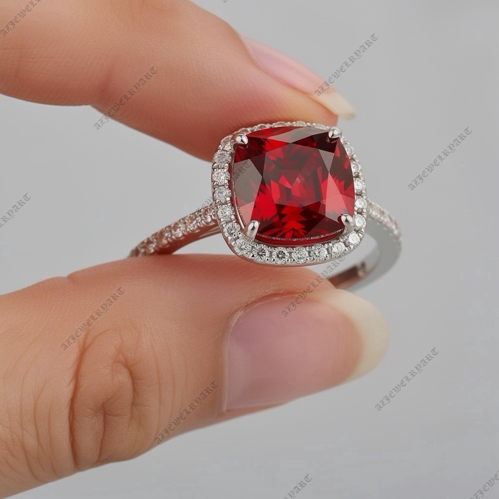 Cushion Cut Red Spinel Ring 925 Sterling Silver Women’s Engagement Ring.