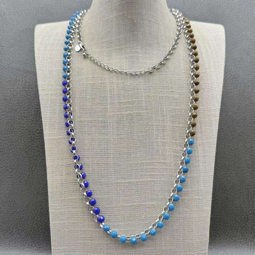 Lia Sophia Beaded Chain Necklace Silver Tone Blue Brown Faceted Beads 36 Inch